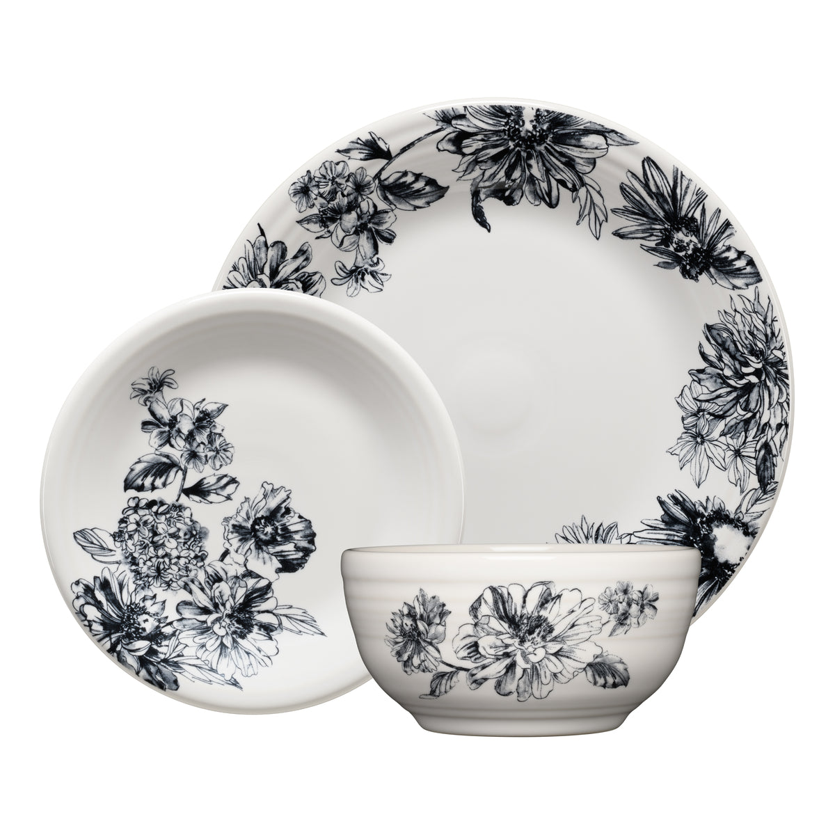 Fiesta Botanical Floral Black Classic Bistro 3-Piece Dinnerware Set, Service For 1